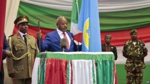 Burundi's President Pierre Nkurunziza is sworn in for a third term at a ceremony in the parliament in Bujumbura, Burundi, Thursday, Aug. 20, 2015. Photo Credit: Voice of America (VOA)